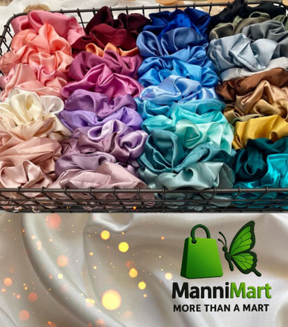 🎀 Manni Mart Silk Satin Scrunchies – 10 Pcs Multicolour Rubber Bands